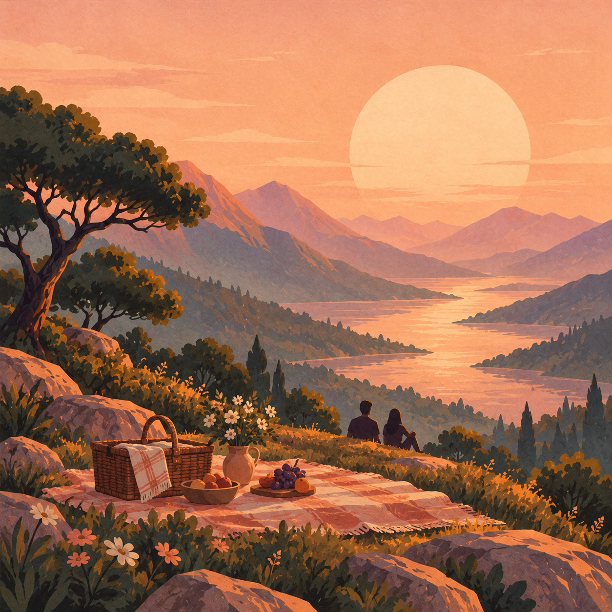 Illustration: gemeinsames Picknick bei Sonnenuntergang